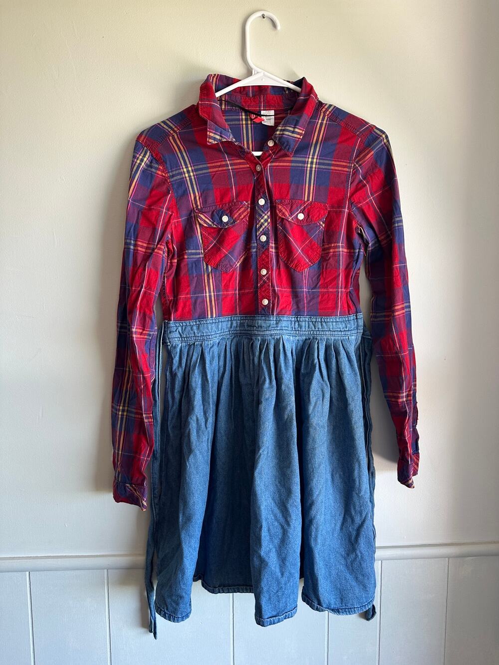 Divided H&M Flannel Denim Dress 8 Red Plaid Plaid Mixed Media Skater Mini 15x35